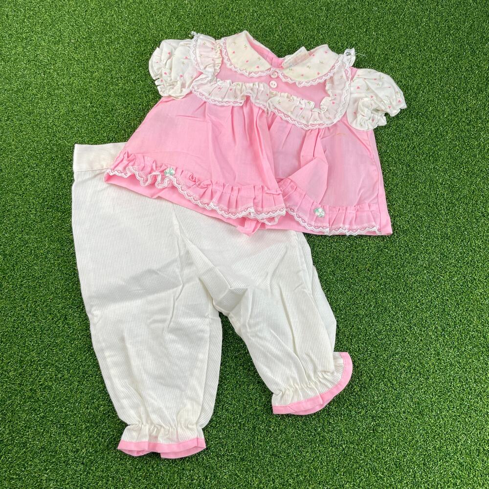 Vintage Catton Candy White Pink Lace Trim Dress Pants Set